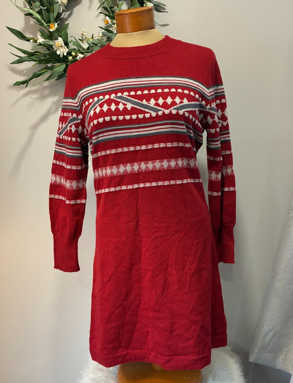Free People Hot Cocoa Mini Sweater Dress Red Fair Isle Wool Blend, Size L NWT